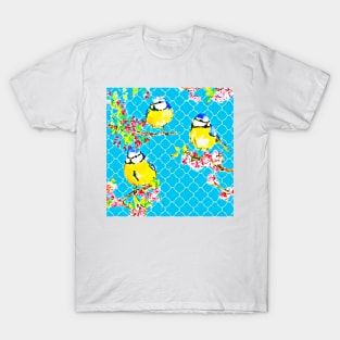 Yellow tit birds on blue lattice background T-Shirt